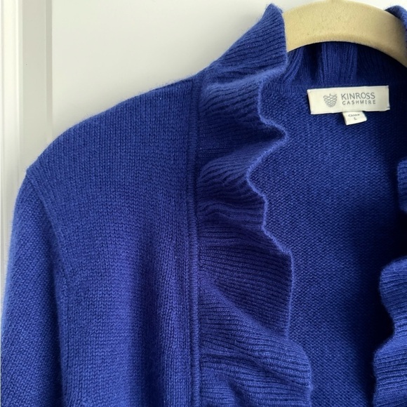 Kinross Cashmere Royal Blue Longline Open Front Cardigan Sweater Ruffle Trim L - Picture 3 of 6